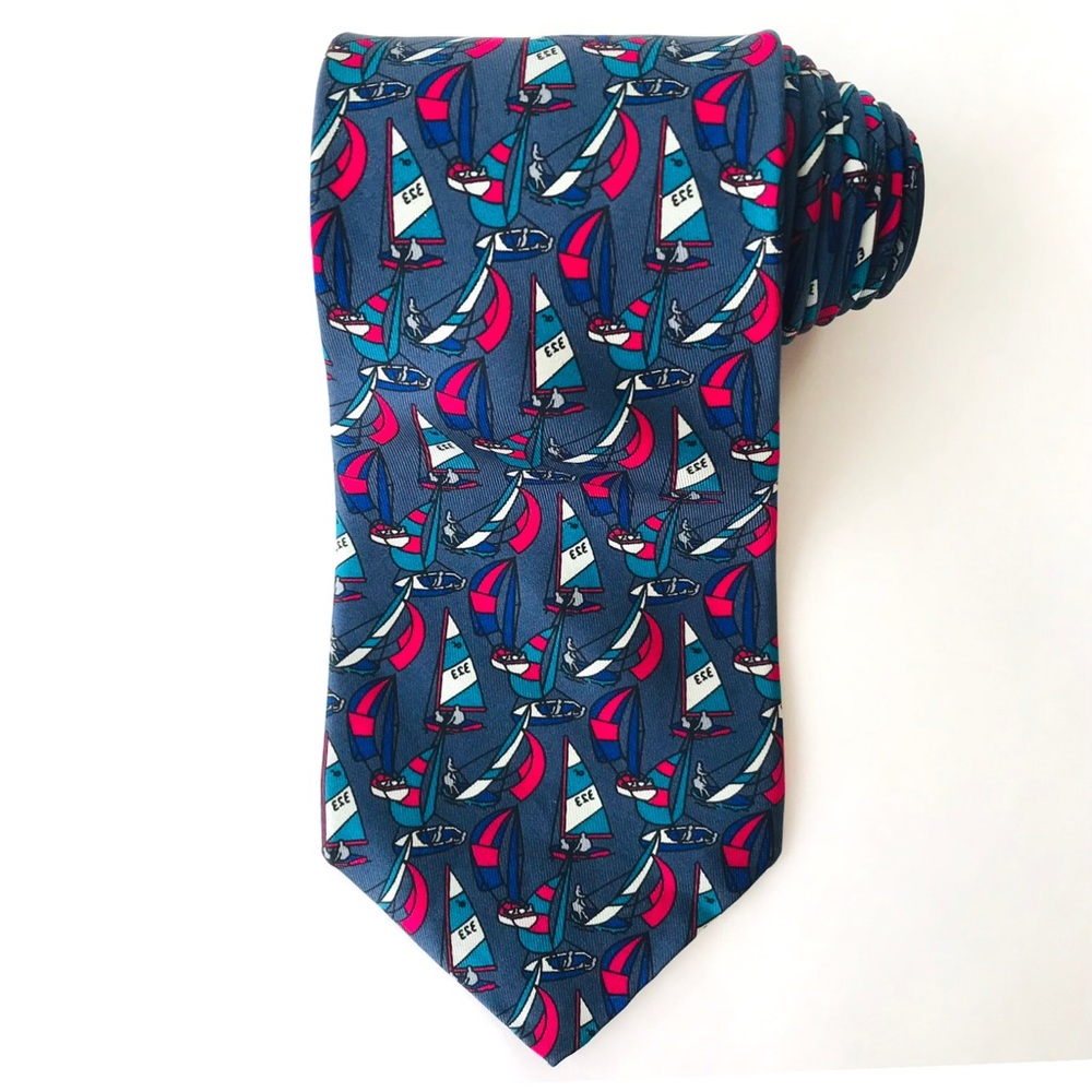 Rooster for Nordstrom Nautical Vivid Charcoal Blue Sailing Silk Mens Necktie EUC